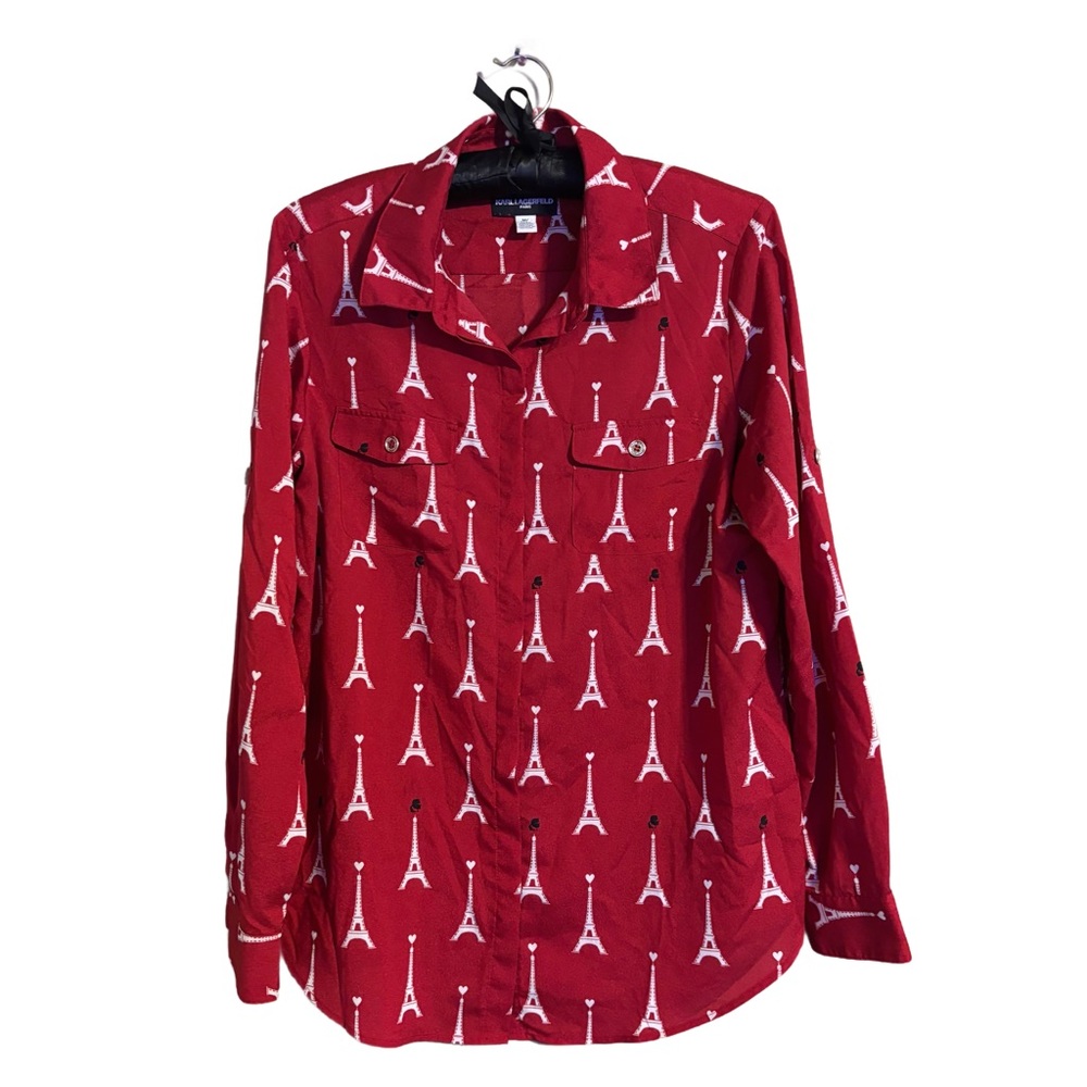 Karl Lagerfeld Red Eiffel Tower Print Button Down Shirt Women’s Sz Medium - Picture 1 of 8